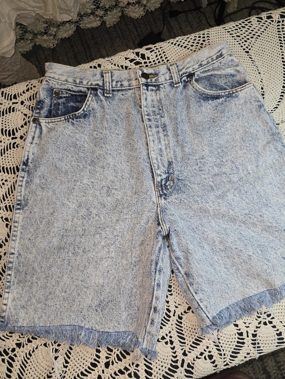 Vintage Acid Washed Denim Cut Off Shorts With Frayed End, Made In USA, Size 14